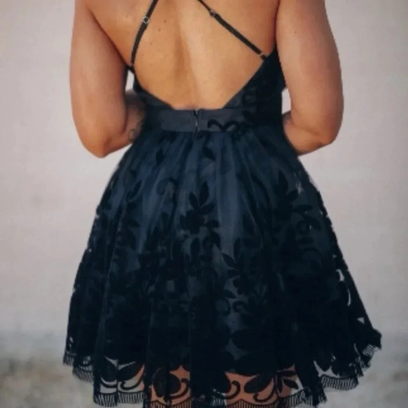 Luxxel Tulle Velvet Floral Spaghetti Strap Open Back Mini Dress Dark Green Small - Picture 2 of 10